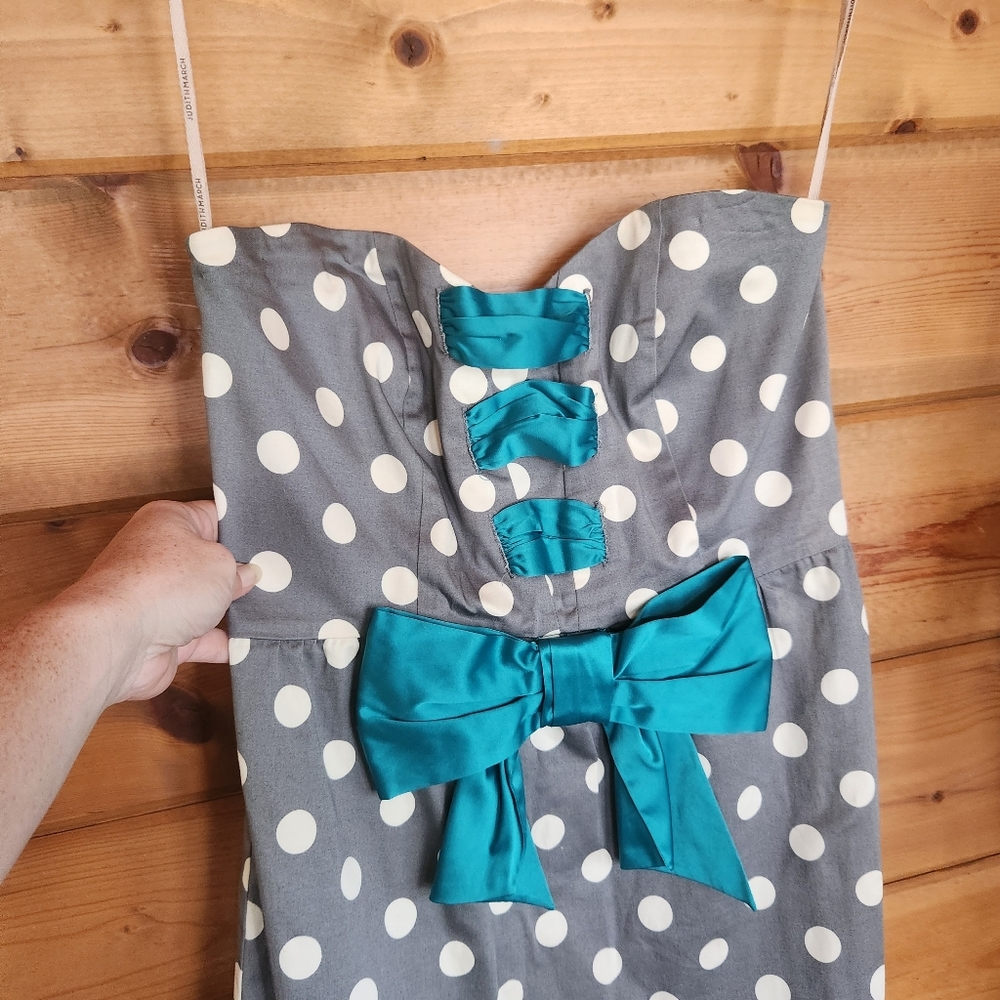 Judith March 💜 Strapless Fit & Flare Gray White Polka Dot Dress Teal Bow Medium - Picture 2 of 7